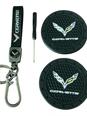 Corvette Black Keychain & Car Coaster (2 pc) Accessories Set